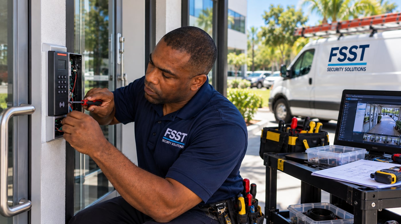 FSST technician working on door access-control wiring