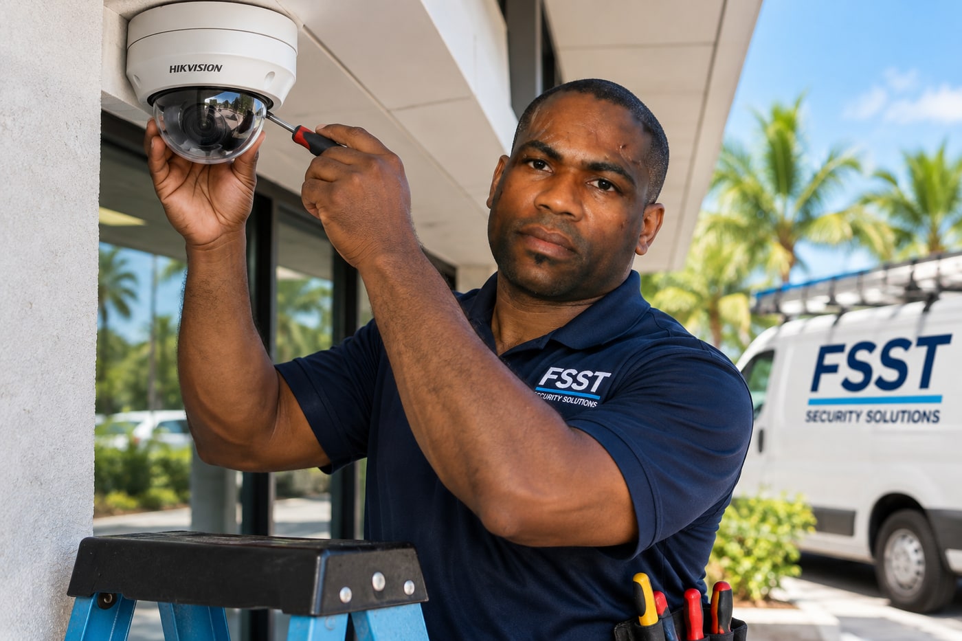 FSST technician installing an exterior dome security camera