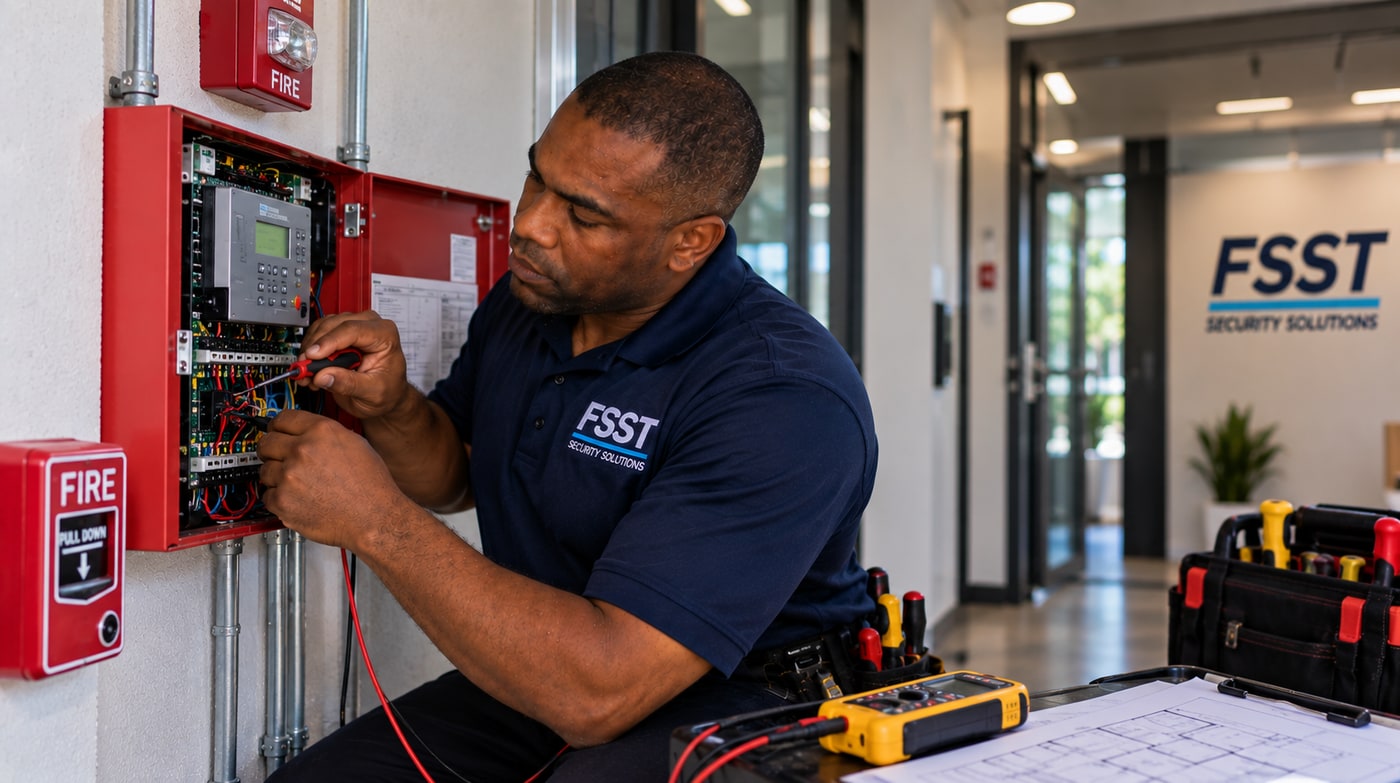 FSST technician wiring a fire-alarm panel