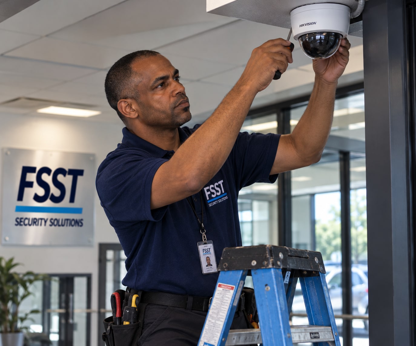 FSST technician installing an indoor dome security camera