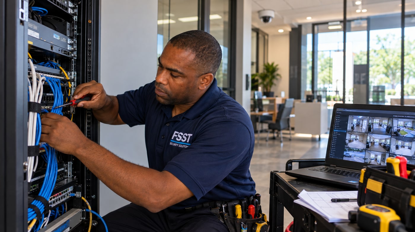 FSST technician working on network-rack cabling