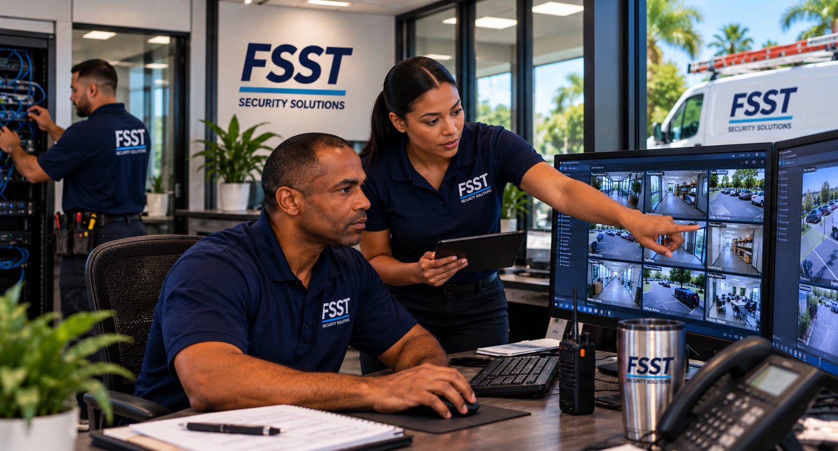 FSST technician reviewing security camera feeds